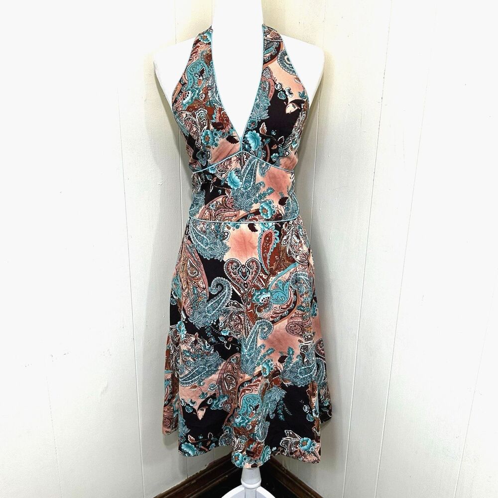 Alyn Paige Y2K Midi Dress Women Size 11/12 Brown Floral Flare Made USA Cotton